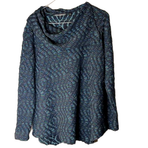 69 Sno Skins Navy Kaleidoscope Cowl Neck Sweater Size LARGE Made In USA